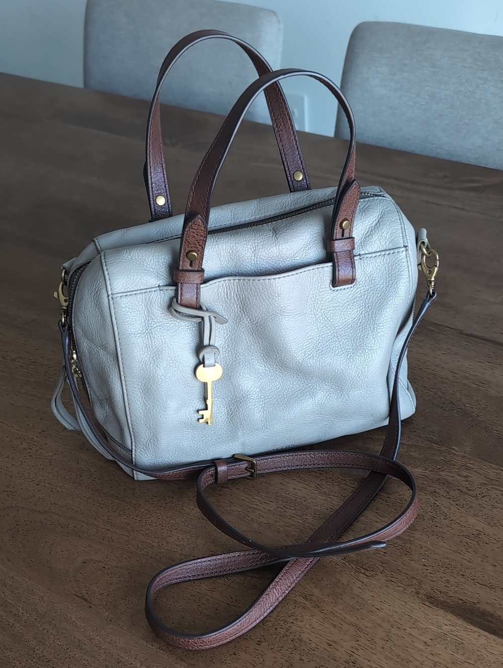 Fossil Two-Tone Light Gray and Brown Leather Crossbody Satchel